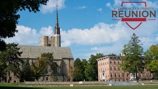 Gunnison Memorial Chapel and Richardson Hall on a partly cloudy day viewed from the bottom of the Brush Quad. Reunion Logo in the upper right corner.