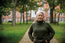 An older Mohawk woman on campus